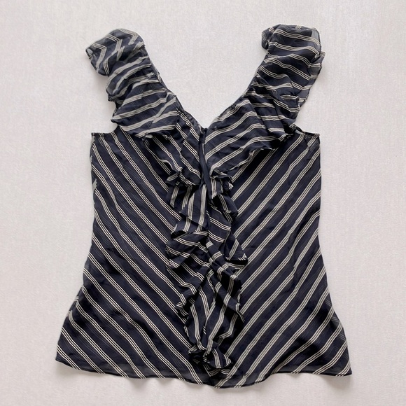 🍄Lauren by Ralph Lauren Striped Ruffle Neck Silk Top (L) - Picture 1 of 4